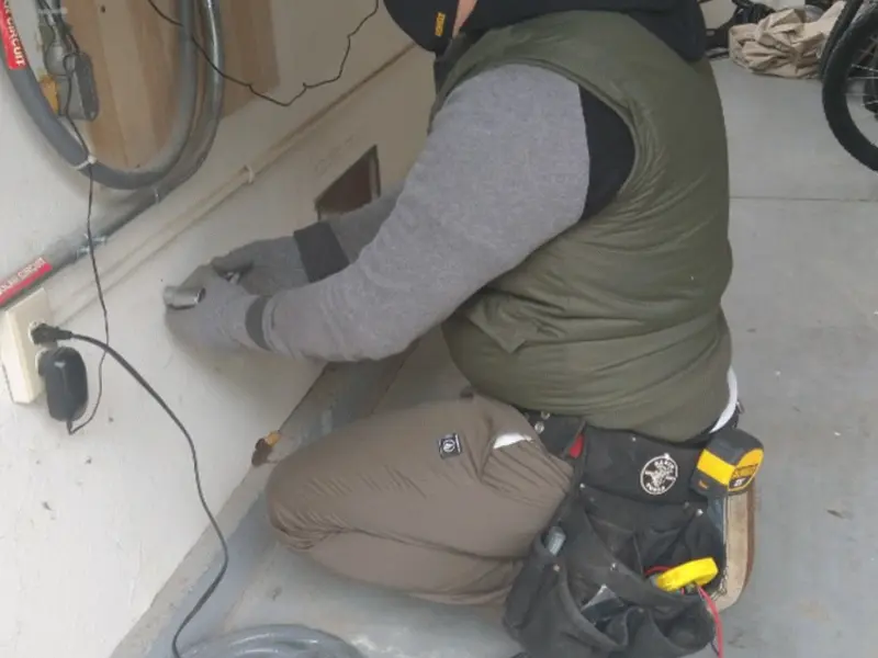 Electrician performing outlet wiring in a Mountain Grove garage